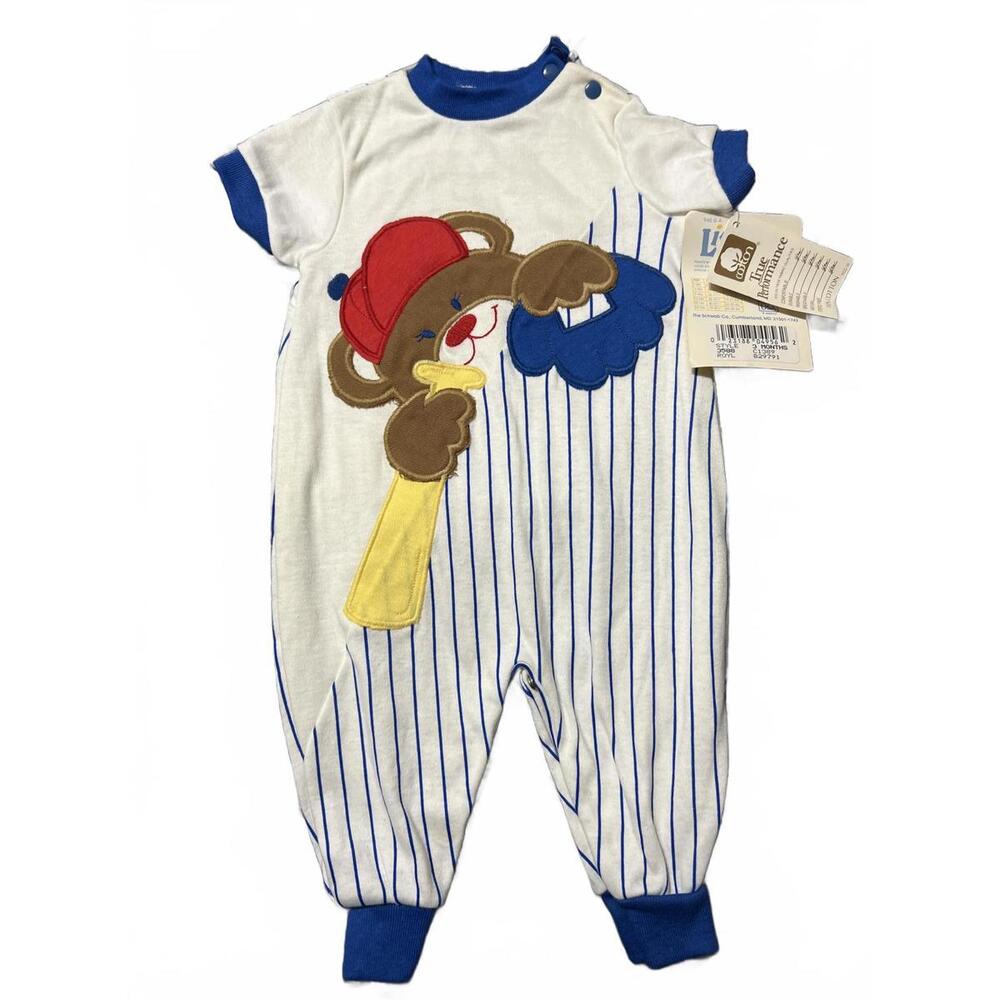Little me Vintage Cotton Baseball Romper Bear Applique